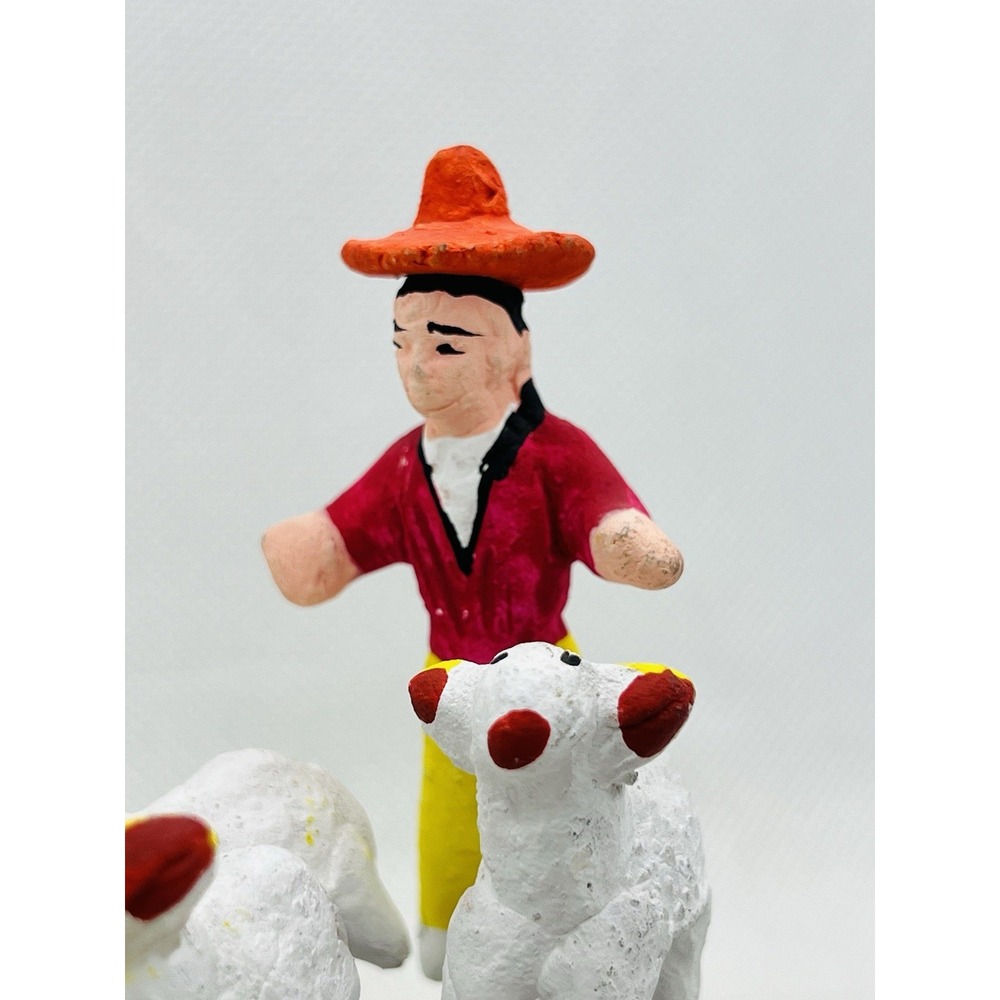 Vintage Mexican Folk Art Man Herding Sheep Clay Wire Herder Farmer Lambs - Picture 4 of 9